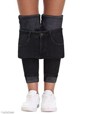 Women's Fleece Lined Winter Jeans Mid Rise Straight Leg Stretch Denim